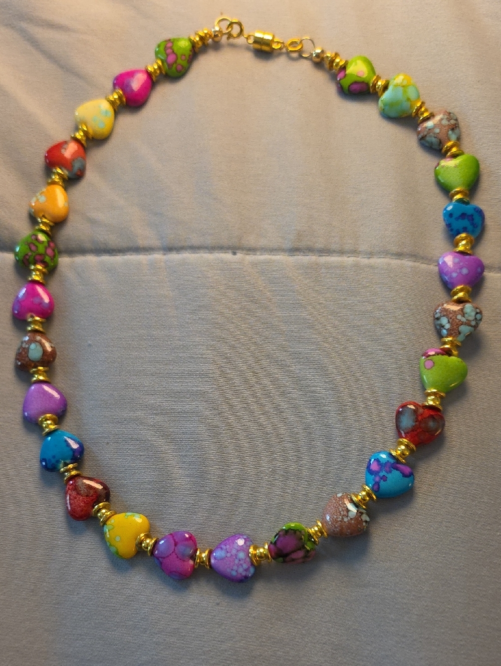 Multicolor Heart Bead Necklace - Vibrant Gold Accent - Women Jewelry